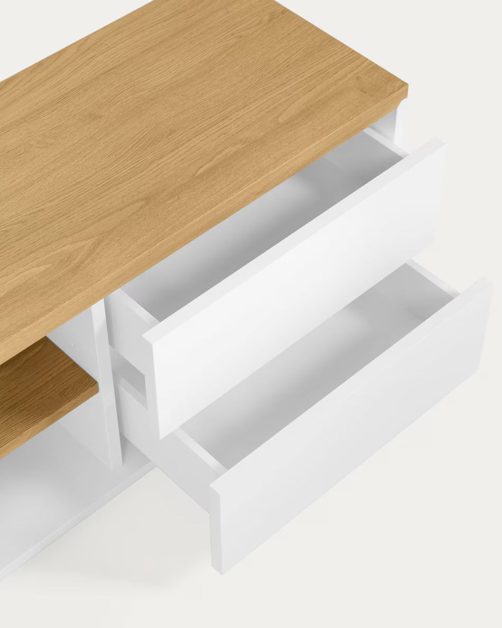 Wooden desk with white metal frame on a white background