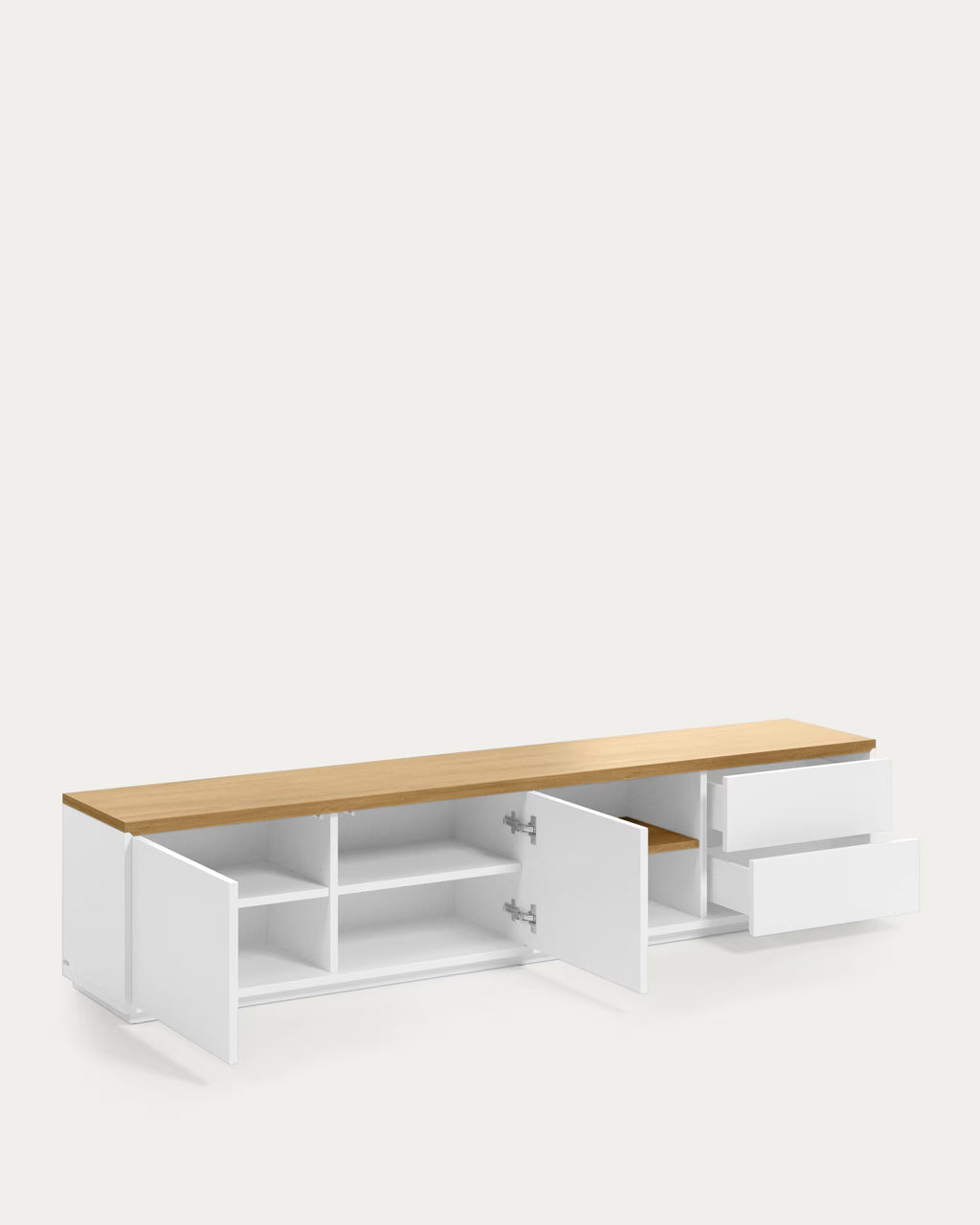 White TV stand with a wooden top on a white background