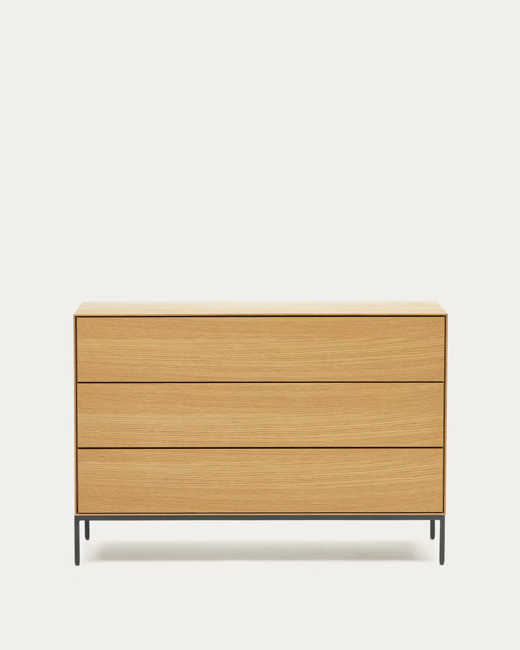 Wooden dresser with three drawers on a white background