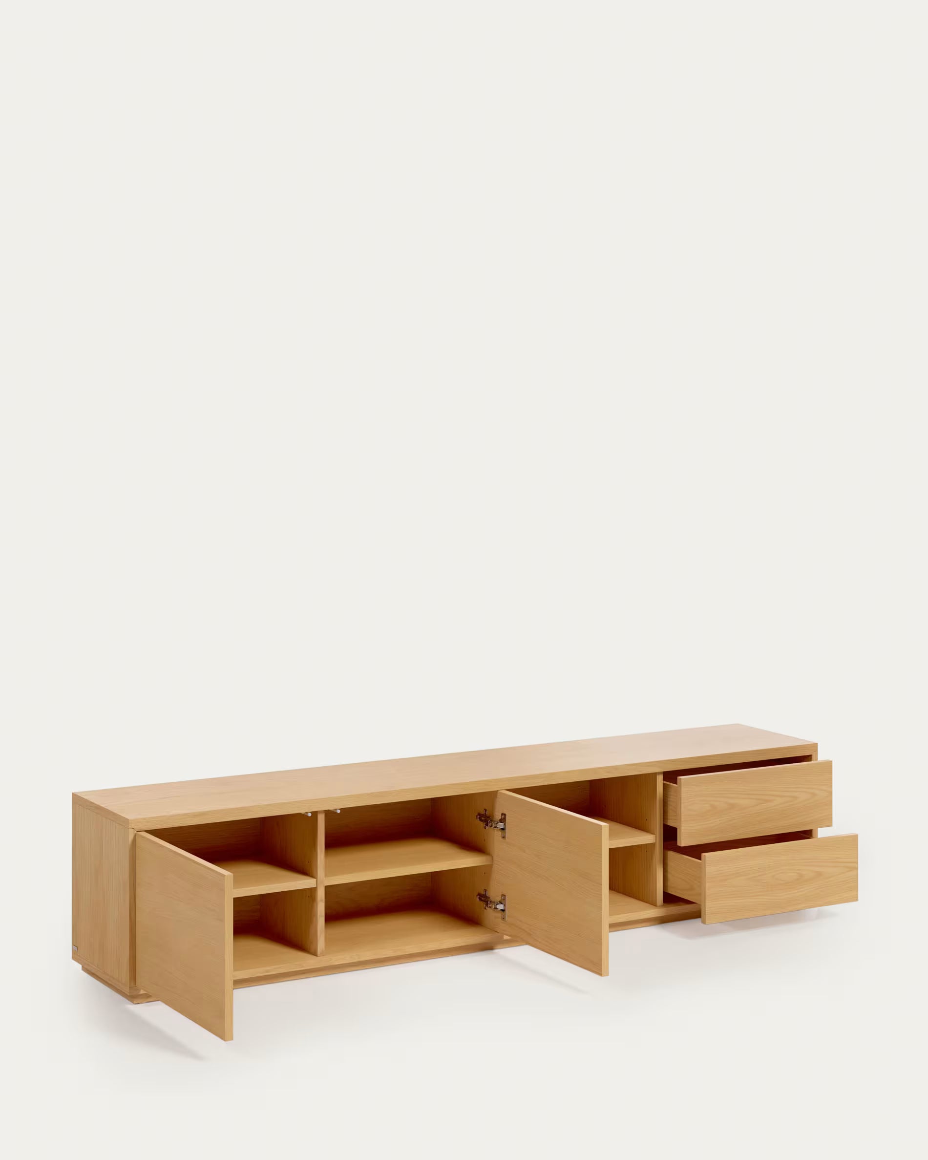 Wooden cabinet with open doors and drawers on a white background