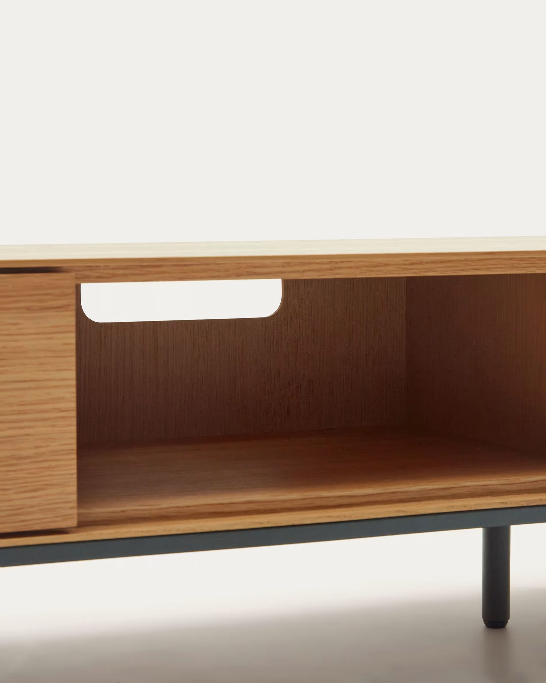 Wooden shelf with a minimalist design on a white background