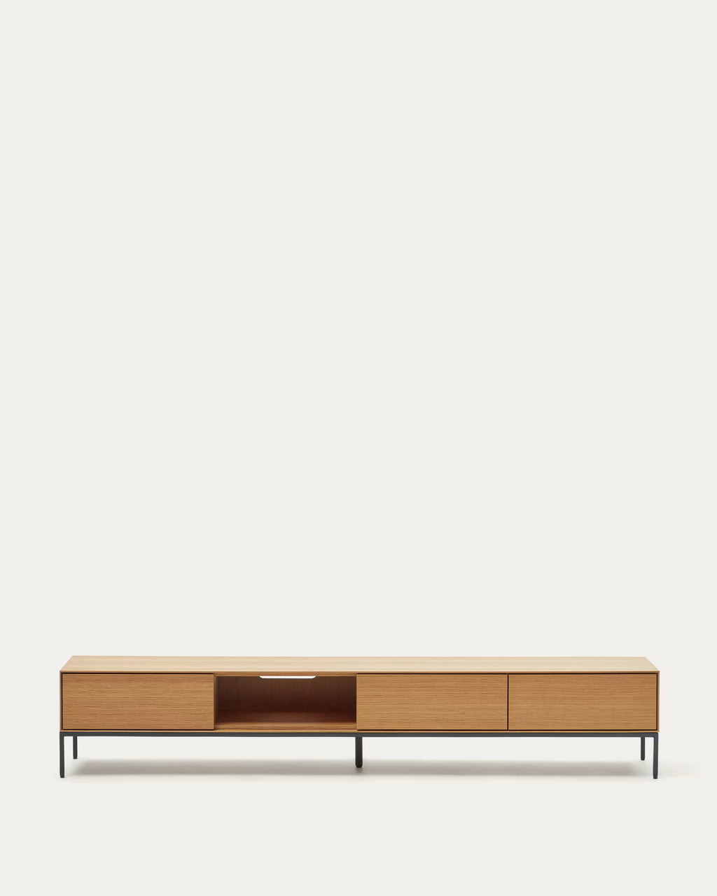 Wooden TV stand with a minimalist design on a white background