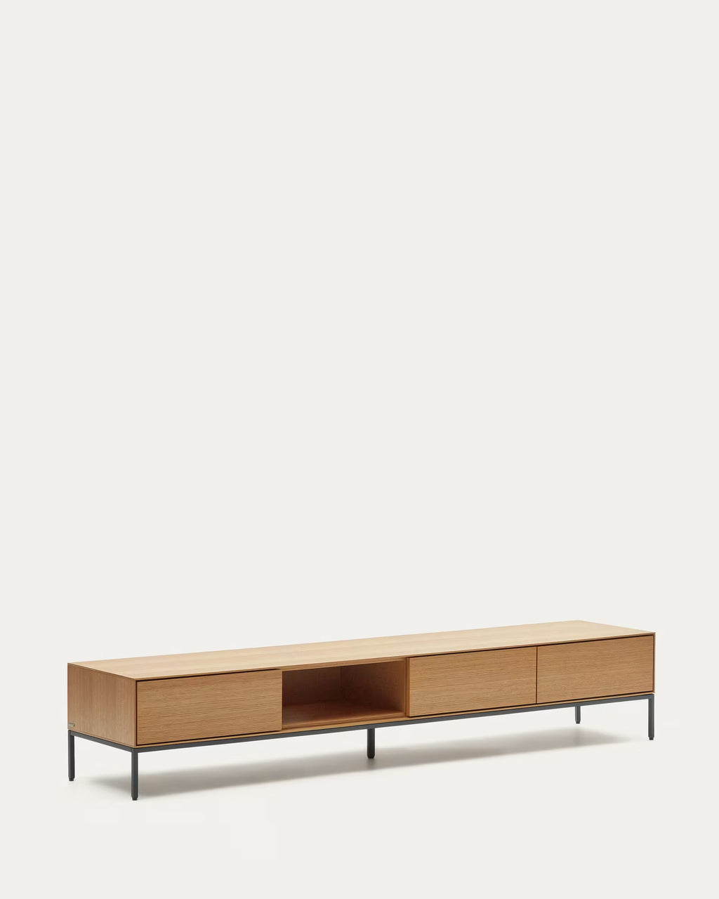 Wooden TV stand with black legs on a white background
