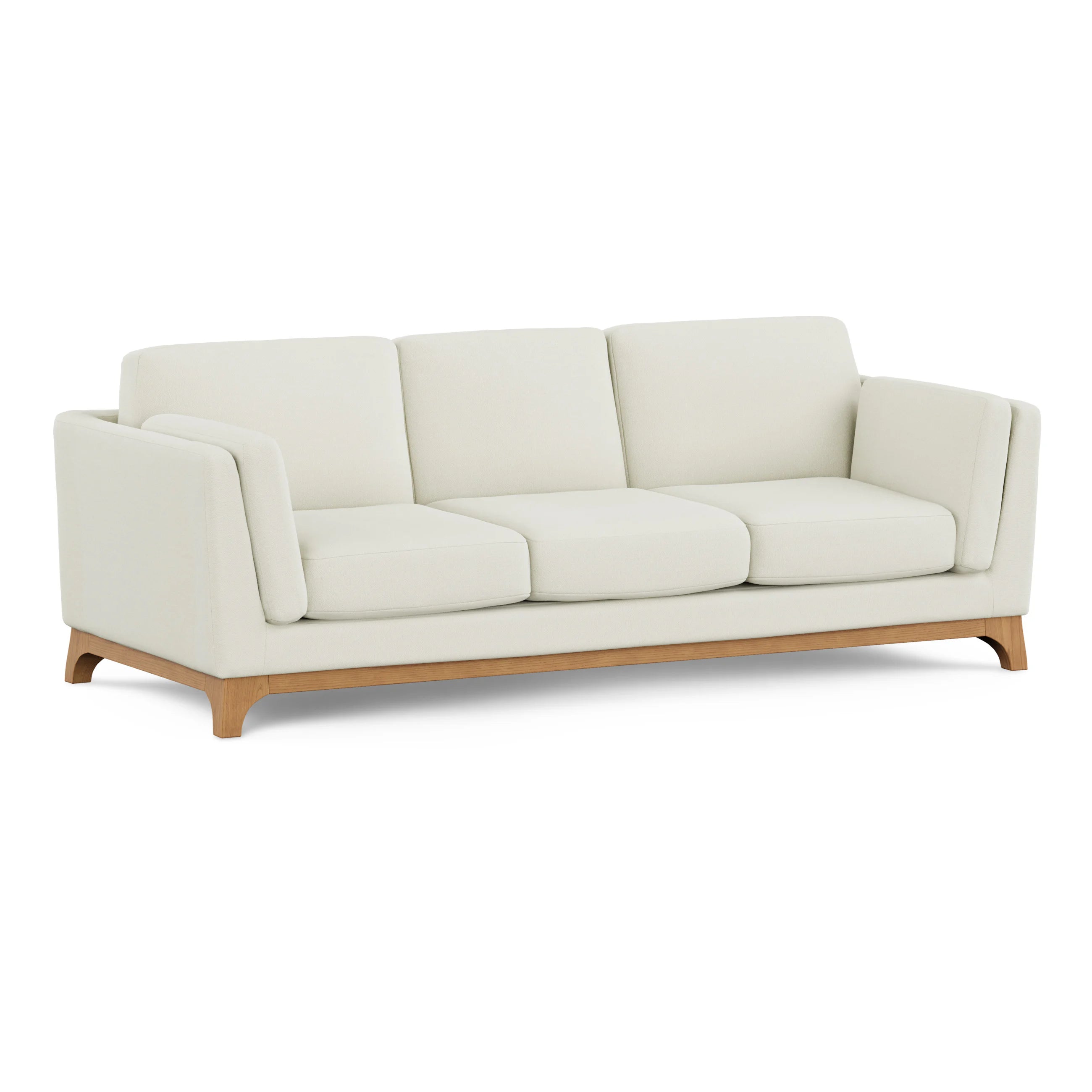 Beige sofa with wooden legs on a white background