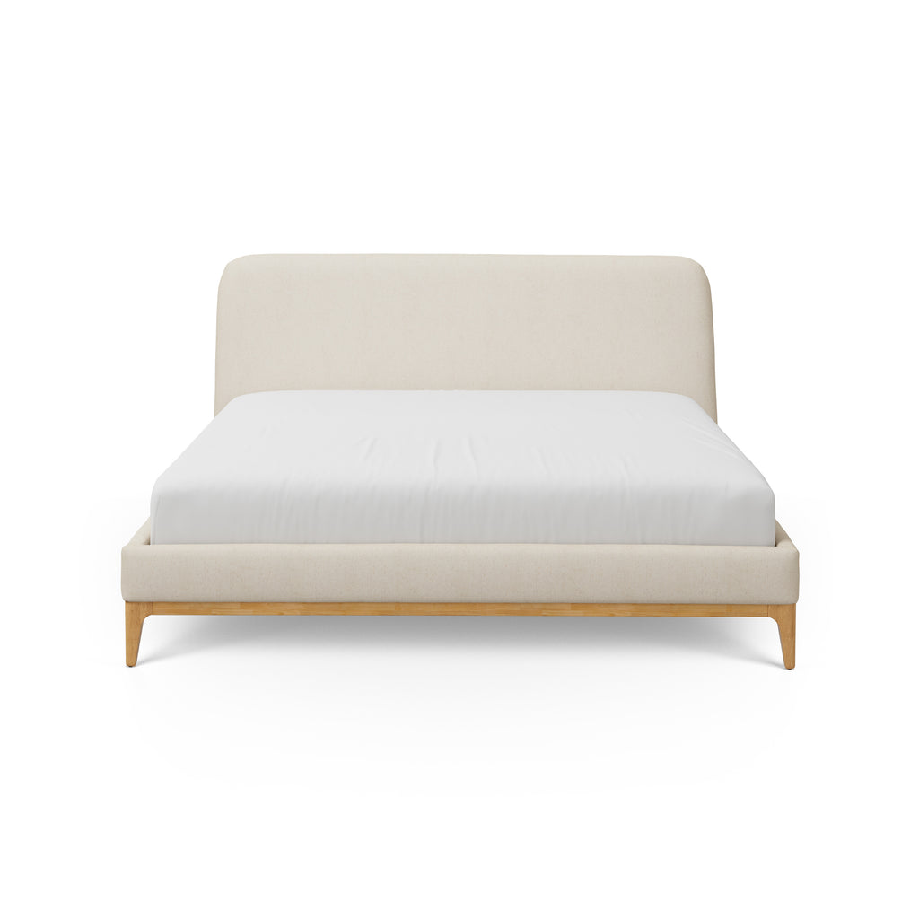 Beige bed frame with white mattress on a white background